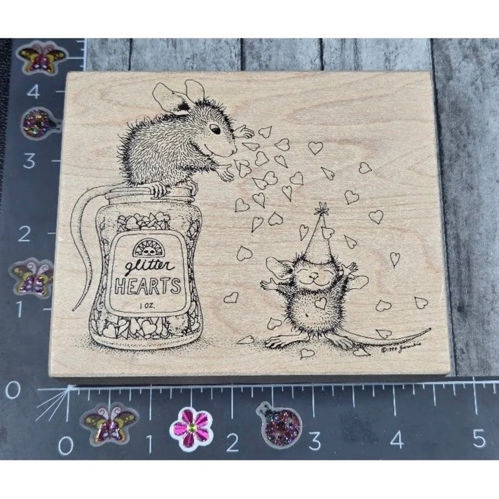 Stampa Rose House Mouse Glitter Hearts 1997 Rubber Stamp Wood #E24